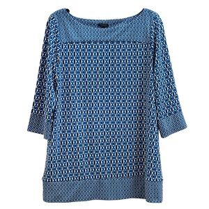 Ann Taylor Blue White Geometric Link Print 3/4 Sleeve Boatneck Tunic Top Large